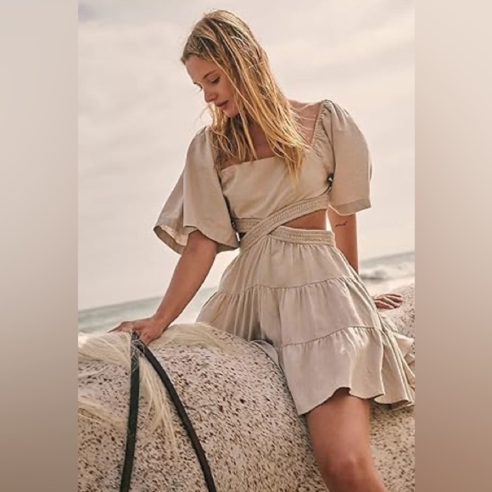 Free People XS Cross of Sunlight Dress Tan Oatmeal Mini Tiered Criss Cross Back